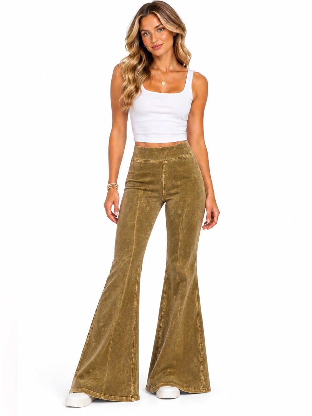 Zenana Boutique Size Small Mineral Wash Flare Pants in Olive Tan